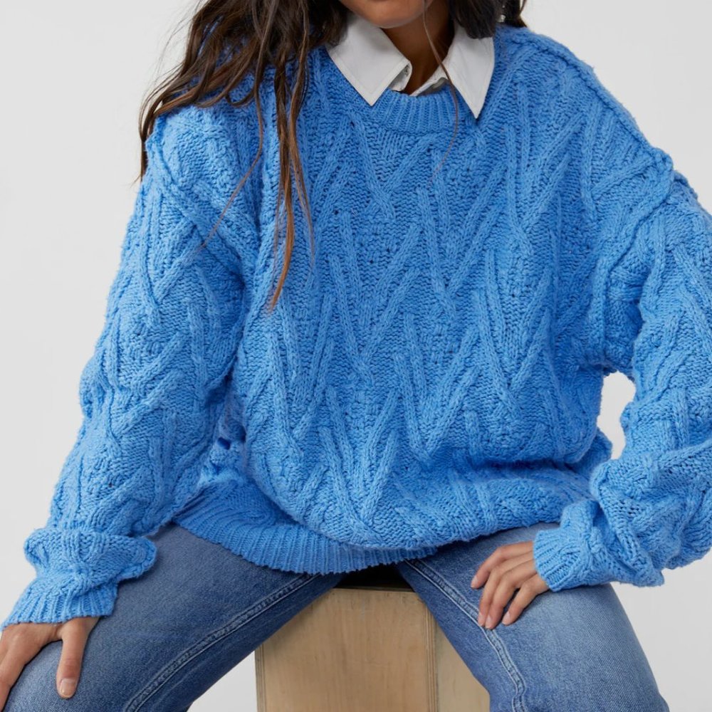 NWT Free People Isla Cable Knit Oversized Sweater Tunic in Marine, size M